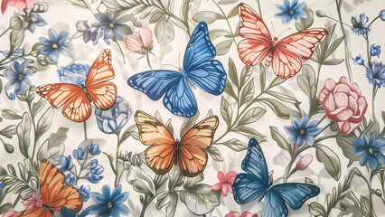 Butterfly Garden: A Colorful Display of Blue, Orange, Pink, and White Butterflies