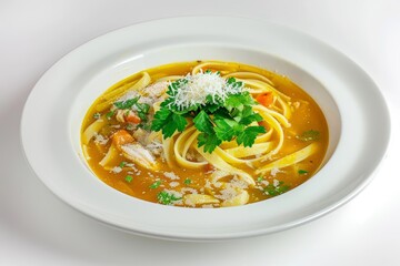 Sleek White Bowl of Capellini Soup with Savory Chicken