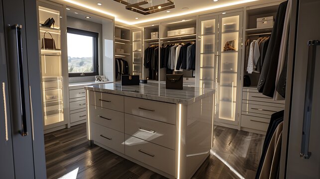 high-end boutique closet with custom cabinetry in glossy white, an island dresser with a marble top, and integrated LED lighting to showcase designer accessories