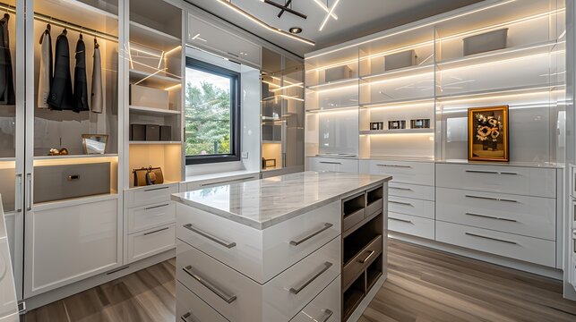 high-end boutique closet with custom cabinetry in glossy white, an island dresser with a marble top, and integrated LED lighting to showcase designer accessories