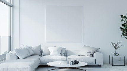A modern living room with a white canvas backdrop, Minimalist furniture that enhances an elegant and uncluttered space, Contemporary minimalist style