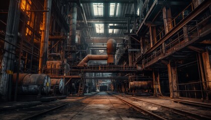 Moody lighting inside an abandoned industrial complex with rusted pipes and machinery