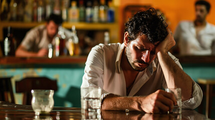 Obraz premium alcoholic drunk man at the bar with whiskey bottle, wasted, alcohol and drugs addiction problems