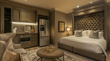 lavish guest suite with a small kitchenette featuring high-end appliances, a cozy seating area, and a luxurious bed with a high headboard