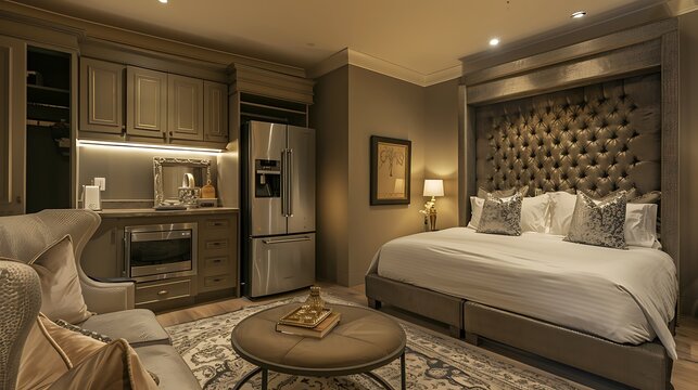lavish guest suite with a small kitchenette featuring high-end appliances, a cozy seating area, and a luxurious bed with a high headboard