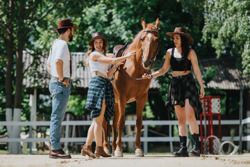 Three friends having fun outdoors with a chestnut horse at the ranch on a sunny day, experiencing the joy of horseback riding.