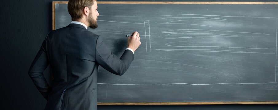 An individual in a suit appears to be sketching or writing on a green blackboard with chalk