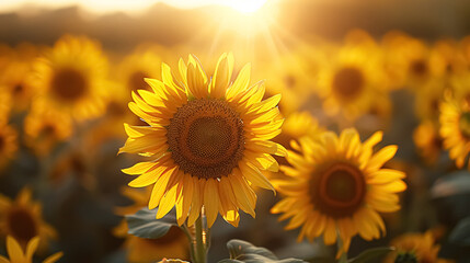 Obraz premium Sunflowers field at sunset. Sunflower blooming in the summer.