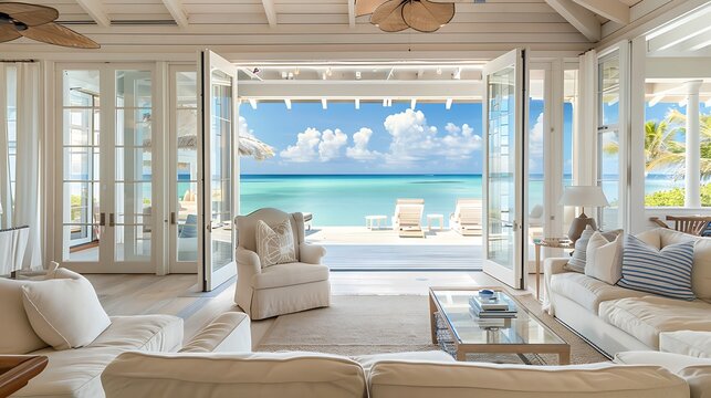 Fototapeta luxurious beach house living room with light, airy decor, comfortable seating, and sliding glass doors opening to a breathtaking ocean view