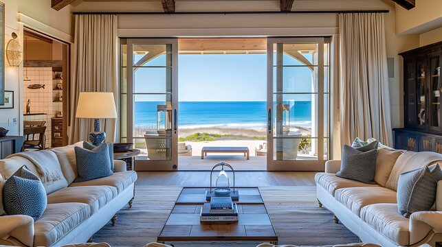 Fototapeta luxurious beach house living room with light, airy decor, comfortable seating, and sliding glass doors opening to a breathtaking ocean view