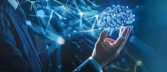 Businessman on blurred background using digital artificial intelligence interface 3D rendering