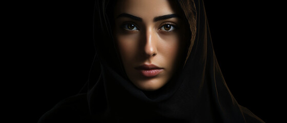 Portrait of a serious Middle Eastern woman wearing a black hijab, looking directly at the camera.