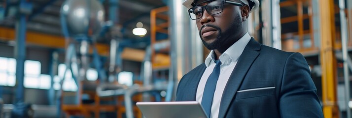 Professional in suit and hard hat using tablet in manufacturing plant.