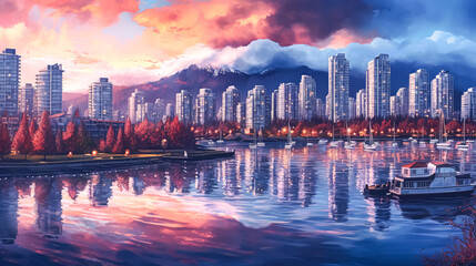 Fototapeta premium A city skyline with a large building in the middle and a large mountain in the background.