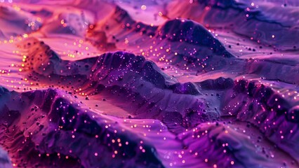 A closeup of luminous sand revealing intricate patterns of glowing pink and purple streaks.