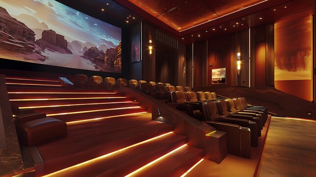luxurious media room with tiered seating, a large projection screen, and a state-of-the-art sound system for the ultimate movie experience
