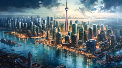 A city street with a red bus and a tall building in the background.