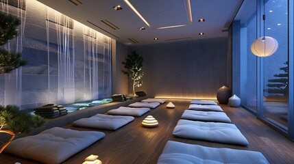 luxurious meditation room with floor cushions, soft ambient lighting, a wall of cascading water, and a minimalist zen garden