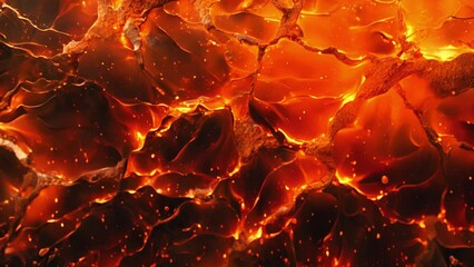 An intense fiery orange liquid splash caught in motion with cracks and textures forming within its glowing surface as it transforms into a solid state.
