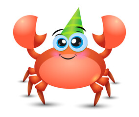 Cartoon illustration of a Cute Crab with a Party hat on white background. Happy birthday card in cartoon style, vector illustration with cute crab.