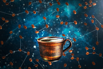 Clay cup of coffee against the background of the starry night sky.