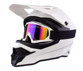 White black modern motocross or enduro downhill crash full face helmet with saftey goggles  isolated background.
