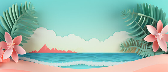 Summer background with beach vacation holiday theme, featuring sun, sand, and vibrant colors.



