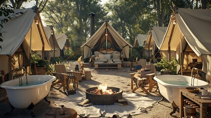luxury camping site with high-end tents, outdoor clawfoot tubs, and a central lounge area with a fire pit and comfortable seating