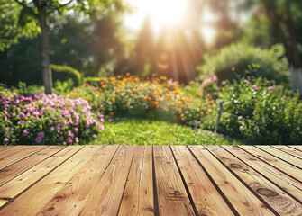 Empty wooden table top with blurred garden background for product display presentation 