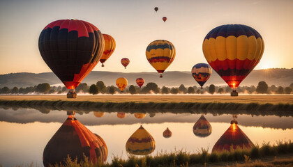 Obraz premium A row of colorful hot air balloons taking off at sunrise.
