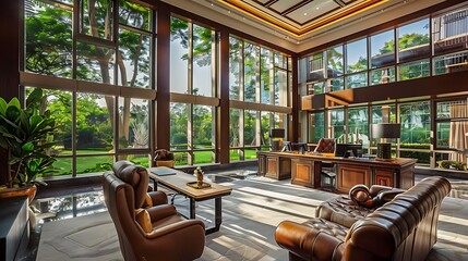 majestic home office with floor-to-ceiling windows that overlook a private garden, a massive executive desk, and a seating area with leather sofas for informal meetings