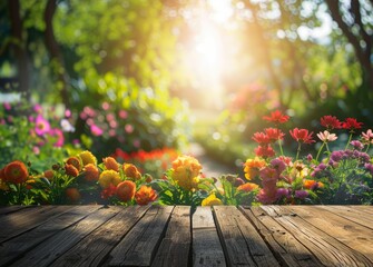 Empty wooden table top with blurred garden background for product display presentation 