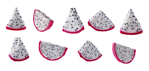 A set of dragon fruit slices isolated on transparent background. Pitaya fruit pieces for design.
