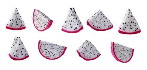 A set of dragon fruit slices isolated on transparent background. Pitaya fruit pieces for design.