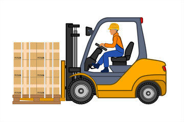 Man driving a forklift. Industrial forklift truck with boxes. Side view of the machine. Hydraulic machinery. Forklift unloads the pallets with boxes. Vector illustration in flat style.