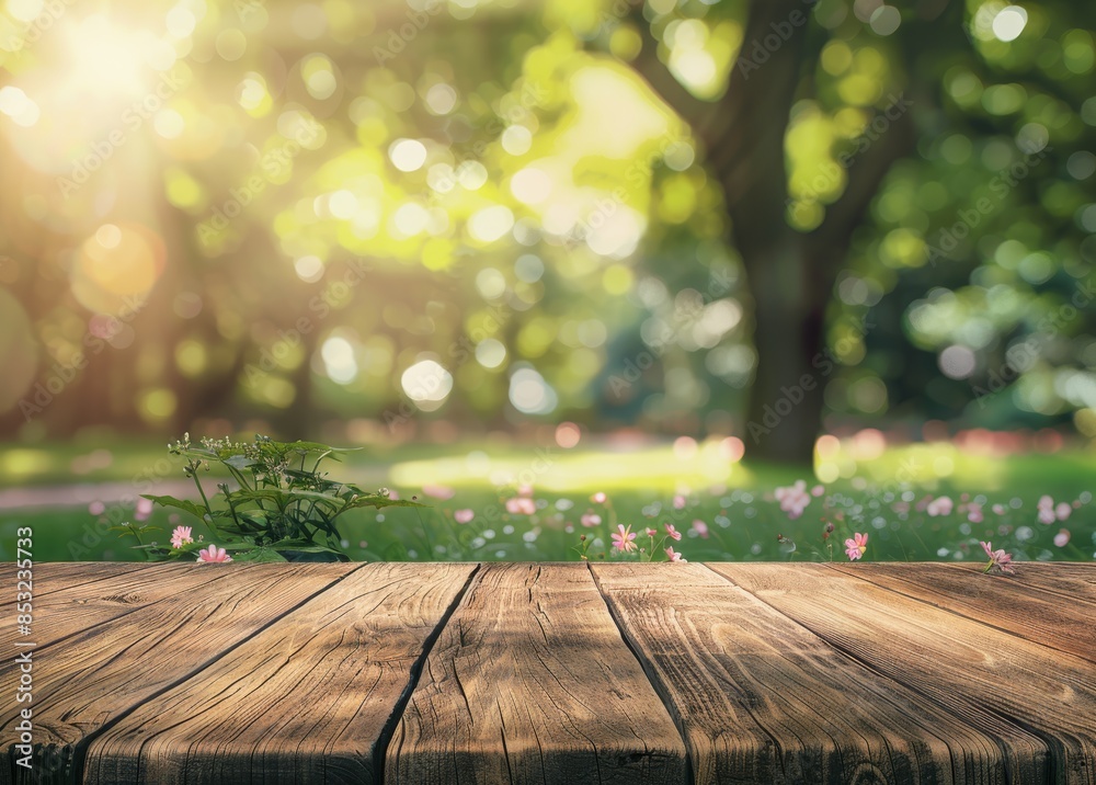 Sticker Empty wooden table top with blurred garden background for product display presentation 