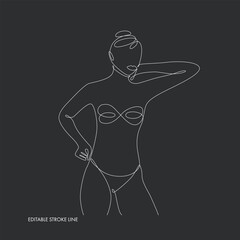 Woman body one single continuous line silhouette. Vector stock illustration isolated on black background for design template beauty and spa calendar, price list, social media. Editable stroke.