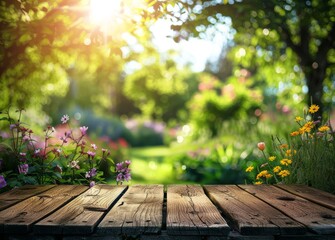 Naklejka premium Empty wooden table top with blurred garden background for product display presentation 