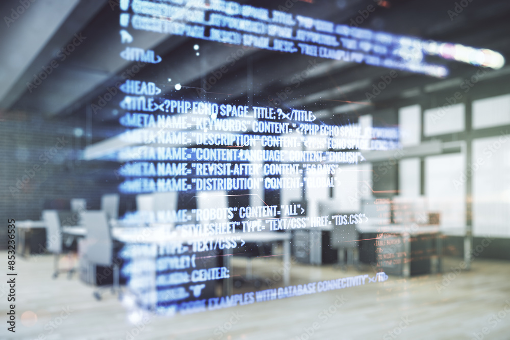Poster abstract virtual coding concept on a modern furnished office background. multiexposure