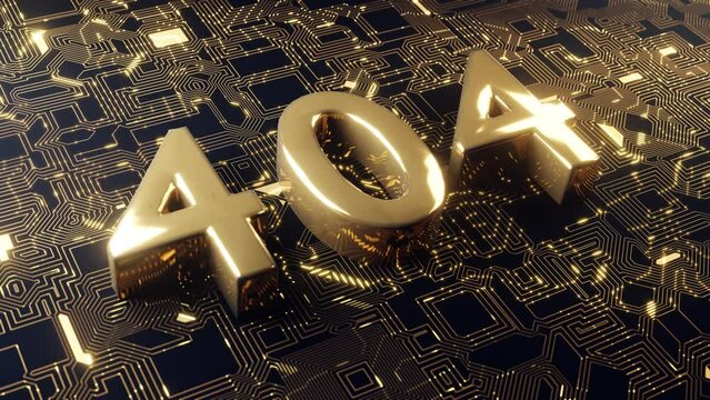 A 404 error code displayed in gold on a modern digital circuit background signifies a tech glitch or network failure