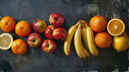 Fruits arranged in a composition with oranges and red apples on one side and bananas at the opposite corner