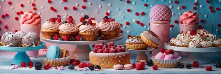Still life for National Dessert Day, featuring various desserts like cakes, cookies, and pies, colorful and indulgent setup 