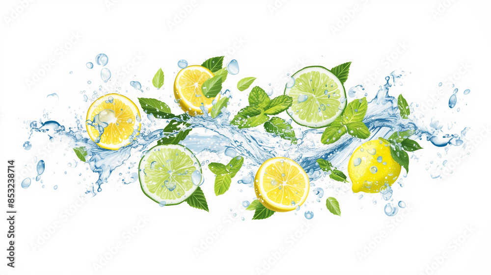 Poster A water wave with a bunch of lemons and limes floating in it isolated on white transparent background