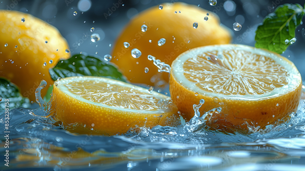 Poster Three oranges are floating in water with green leaves. The water is splashing and the oranges are partially submerged