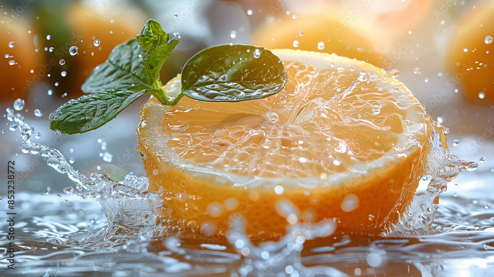 Aufkleber Three oranges are floating in water with green leaves. The water is splashing and the oranges are partially submerged