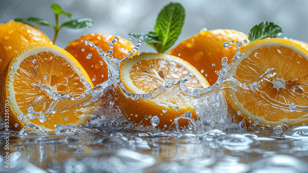 Poster Three oranges are floating in water with green leaves. The water is splashing and the oranges are partially submerged
