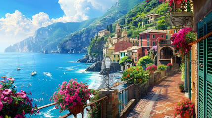 Scenic view of city and sea in Italy, beautiful path overlooking mountains and sky, scenery of flowers and marina. Concept of travel, summer, nature.