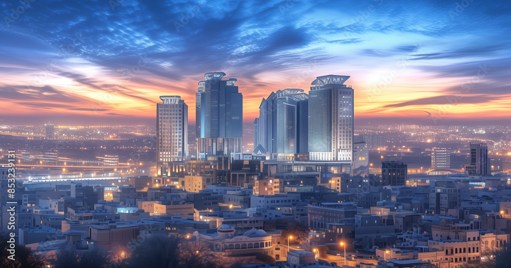 Poster a city skyline at dusk with a beautiful sunset in the background. the buildings are tall and the lig