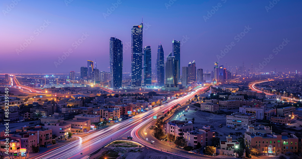 Poster a city skyline at dusk with a beautiful sunset in the background. the buildings are tall and the lig