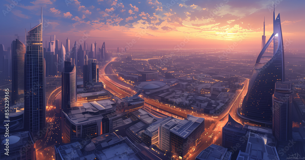 Poster a city skyline at dusk with a beautiful sunset in the background. the buildings are tall and the lig